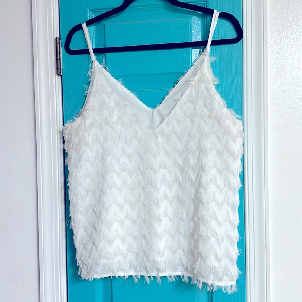 White lined tank blouse with fringe - Size Large